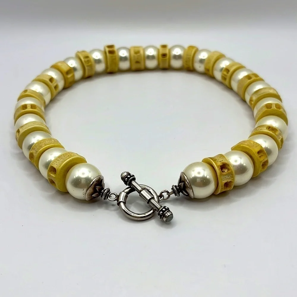 Sterling Silver Pearl and Bone Vintage unique choker necklace Toggle  Oversized
